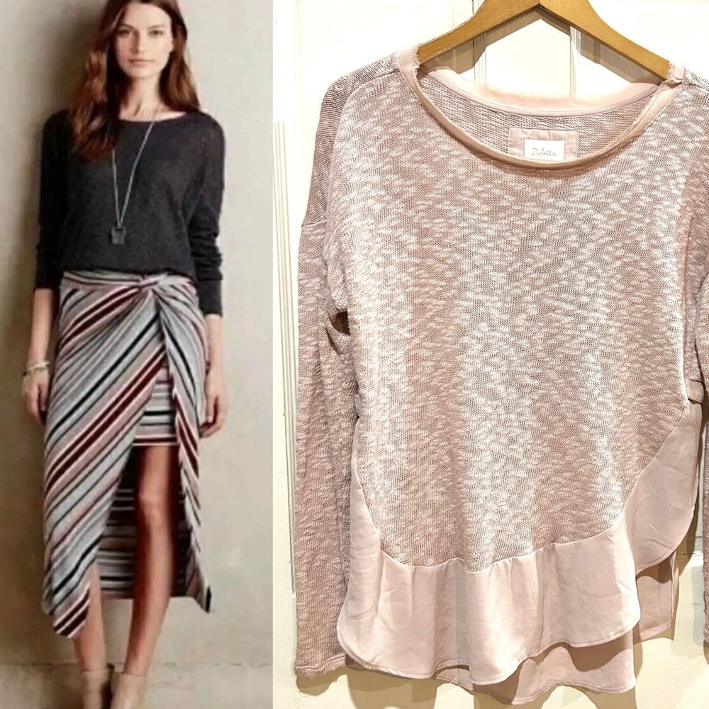 {Anthropologie | Deletta} Blush Pink Mixed Media Knit & Satin Blouse